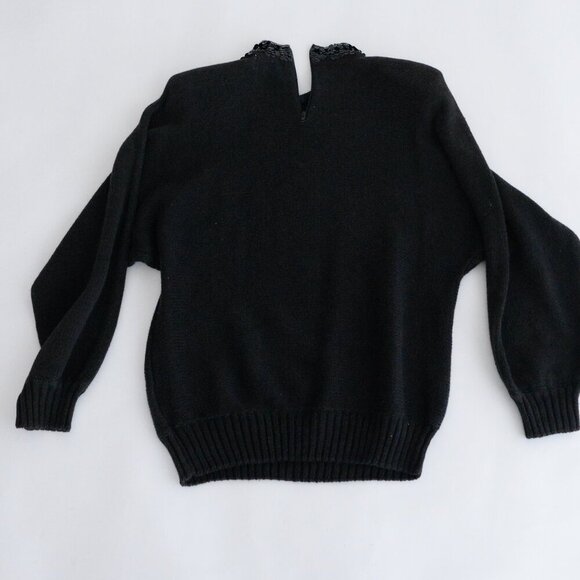 Vintage Bonnie And Bill Black Beaded Knit Shoulder Pad 80's Sequin Sweater M - Picture 12 of 13